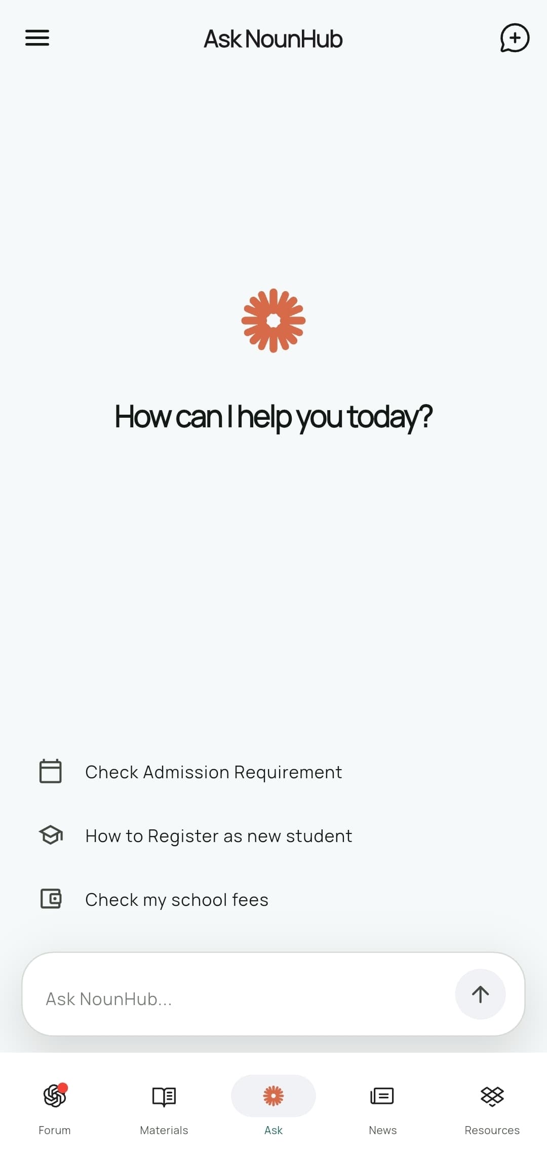 Ask NounHub — the in-app assistant answering student questions